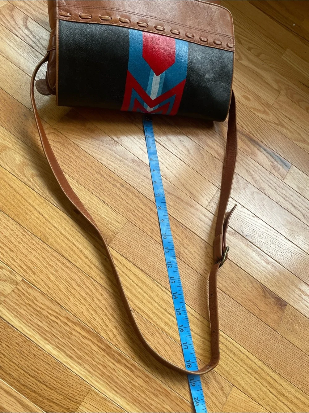 Vintage Leather Messenger Bag Hand Painted Pendleton Inspired Design